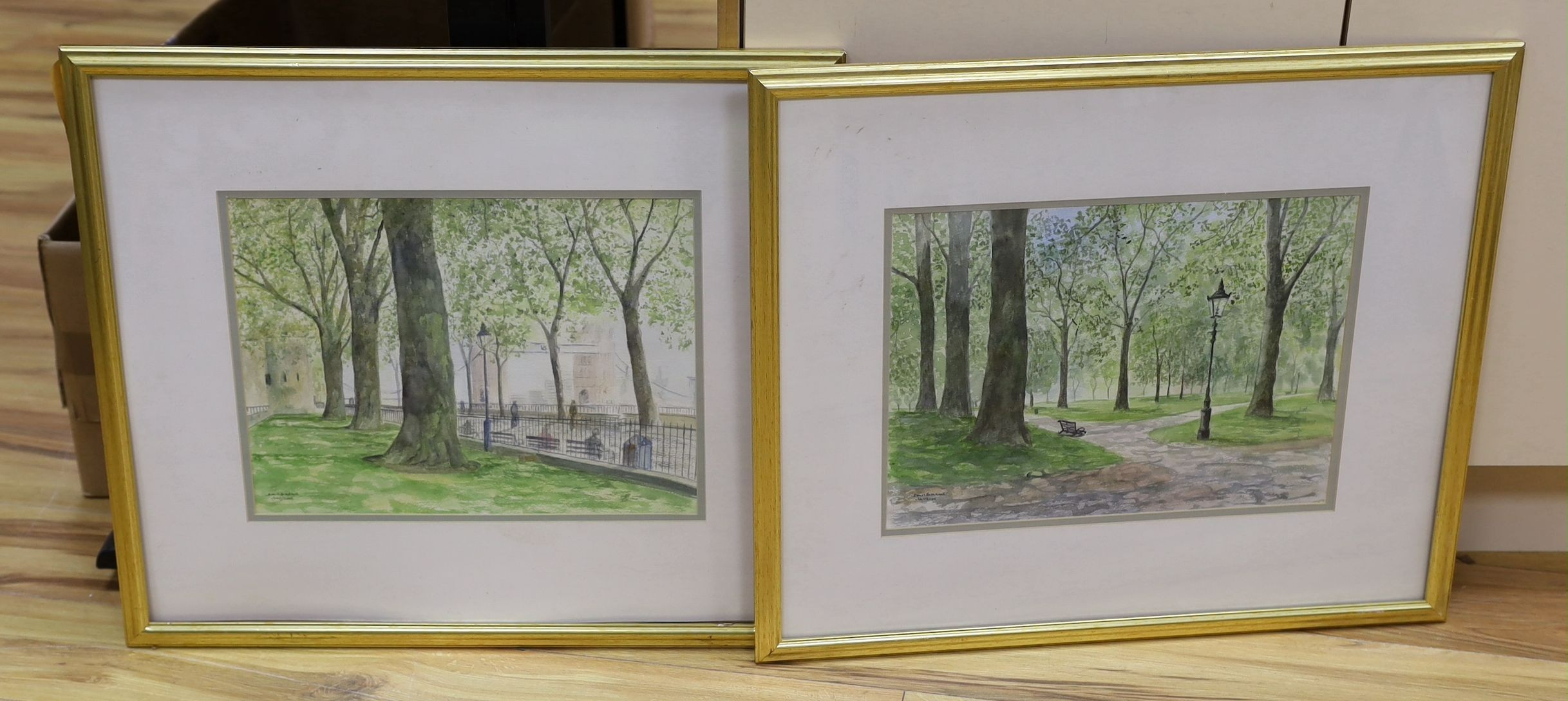 John C. Burrows, pair of watercolours, 'Near Tower Bridge' and 'London Park', signed and dated 2000, 29 x 40cm